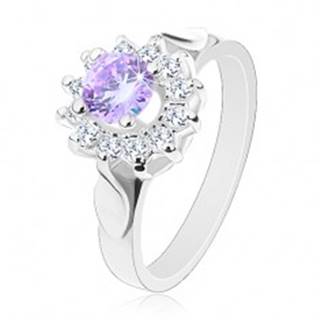 Trblietavý prsteň s lístkami na ramenách, svetlofialový zirkón, číre lupene - Veľkosť: 49 mm
