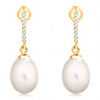 Zlaté 14K náušnice - visiaca oválna perla bielej farby, zirkónový oblúk