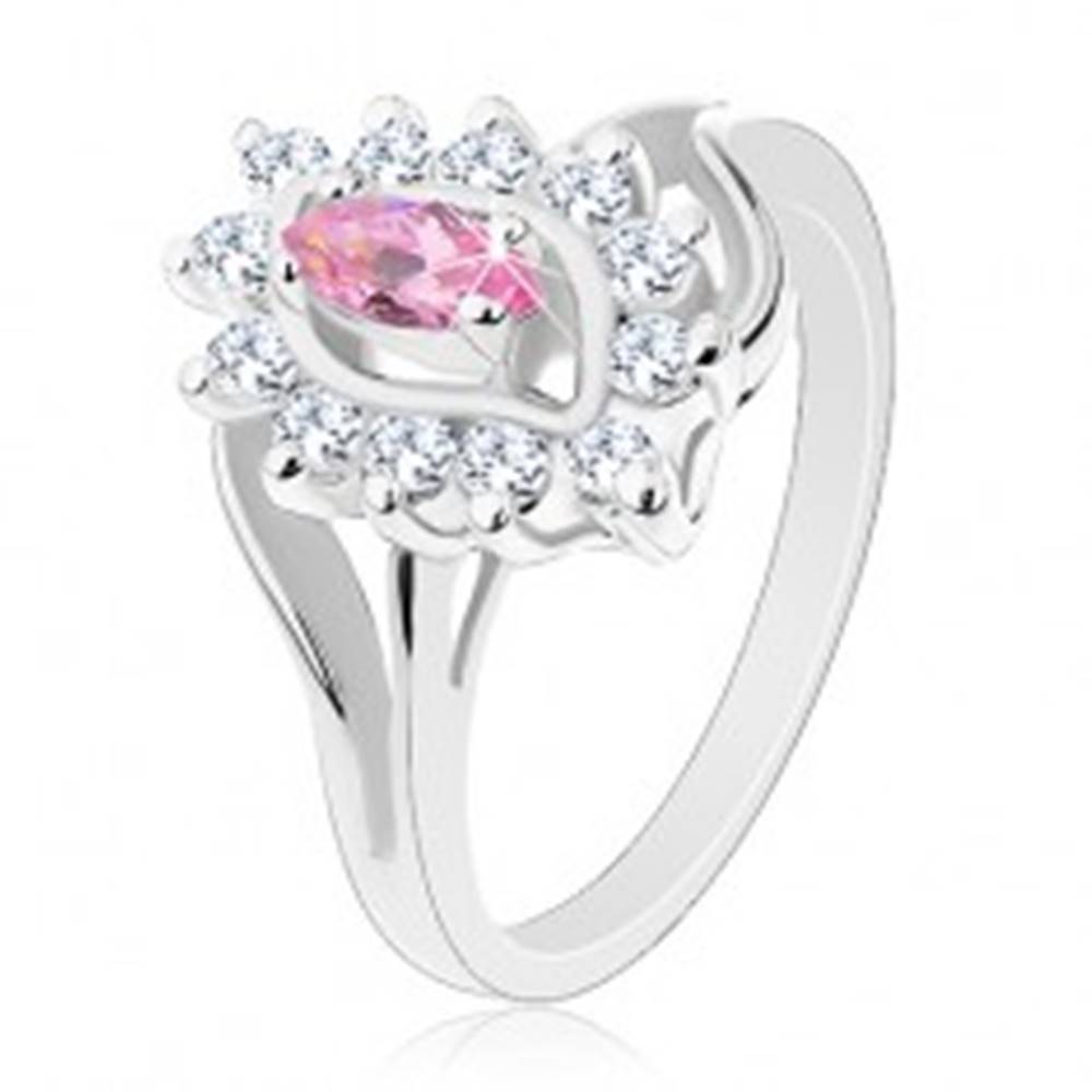 Šperky eshop Lesklý prsteň v striebornej farbe, ružové zirkónové zrnko, okrúhle zirkóniky - Veľkosť: 49 mm