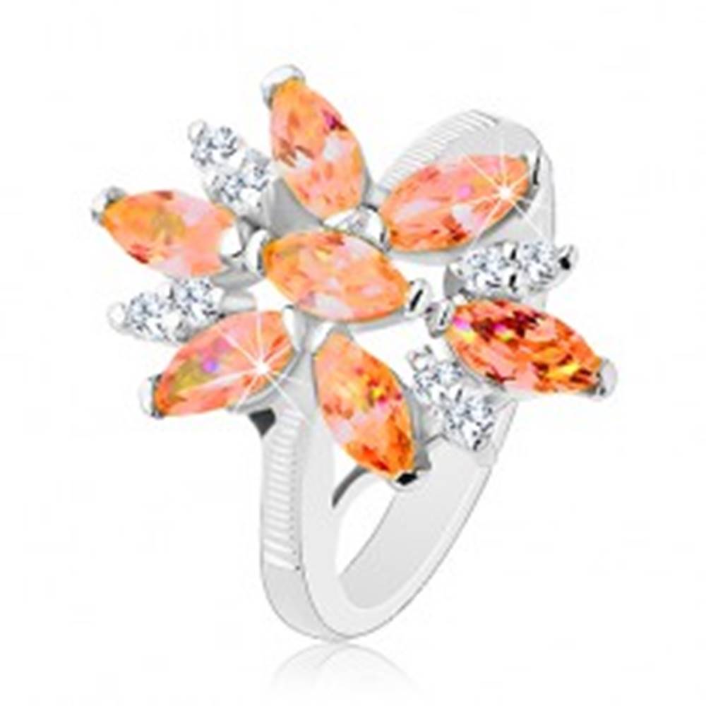 Šperky eshop Ligotavý prsteň v striebornej farbe, veľký kvet z oranžových a čírych zirkónov - Veľkosť: 50 mm
