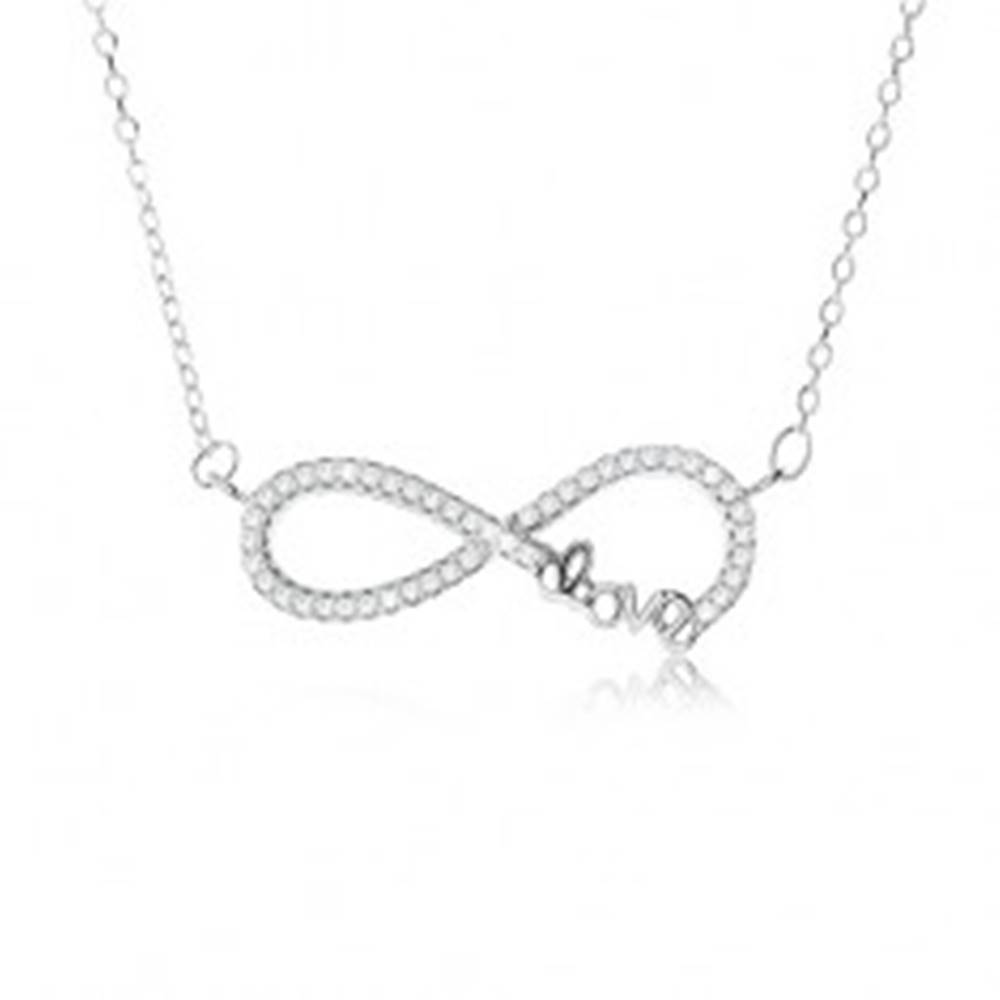 Šperky eshop Nastaviteľný náhrdelník - striebro 925, prívesok znak nekonečna s kamienkami, nápis "Love"