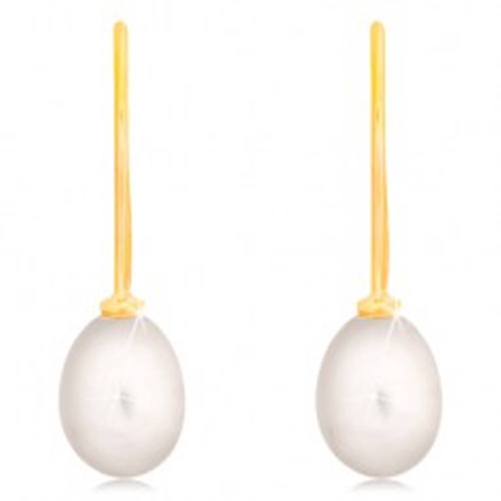 Šperky eshop Náušnice v žltom 14K zlate - biela oválna perla na háčiku