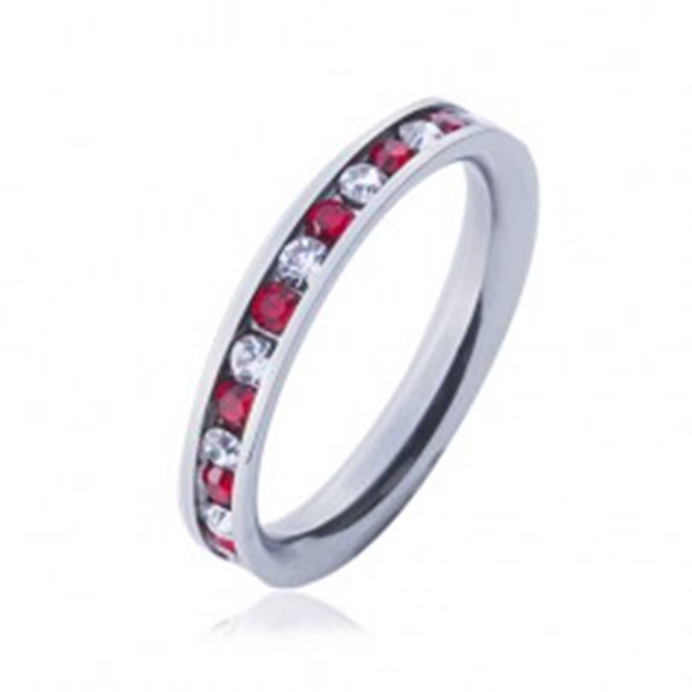 Šperky eshop Oceľový prsteň - obrúčka, striedajúce sa číre a červené zirkóny - Veľkosť: 49 mm
