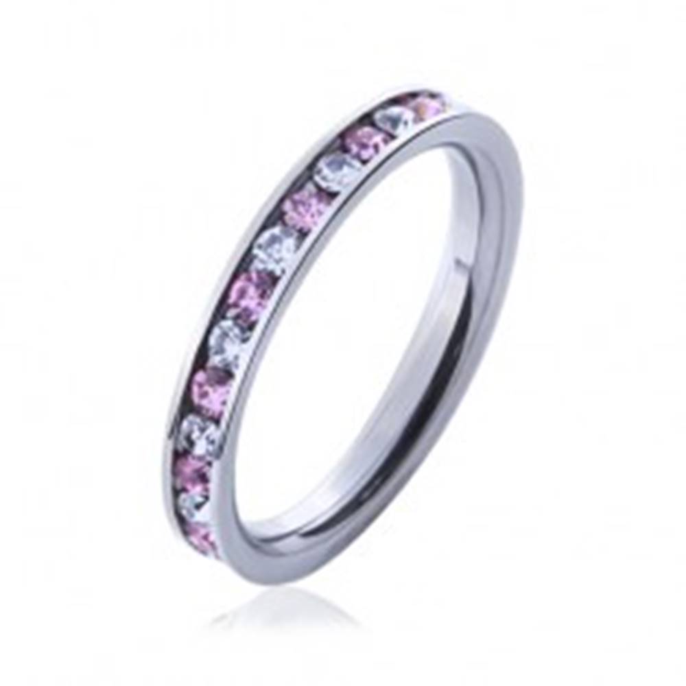 Šperky eshop Oceľový prsteň s kamienkami ružovej a čírej farby - Veľkosť: 49 mm