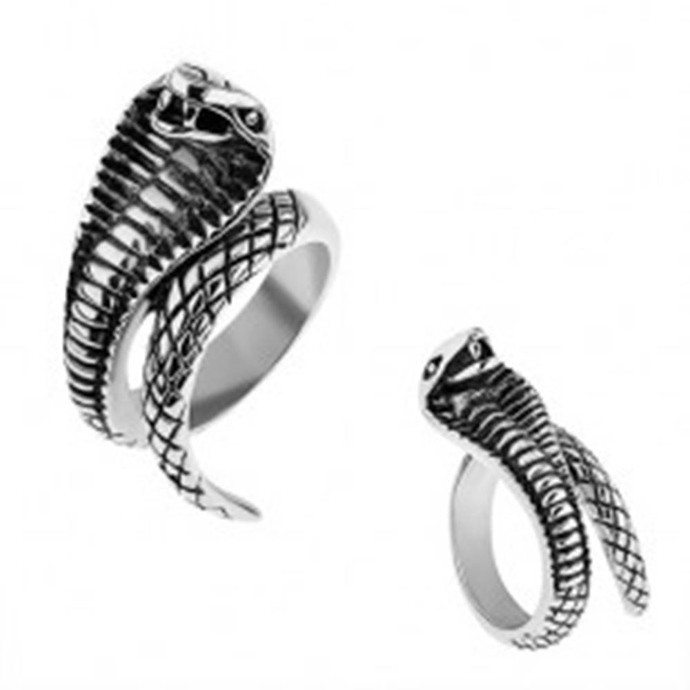 Šperky eshop Oceľový prsteň striebornej farby, vypuklá patinovaná kobra - Veľkosť: 57 mm