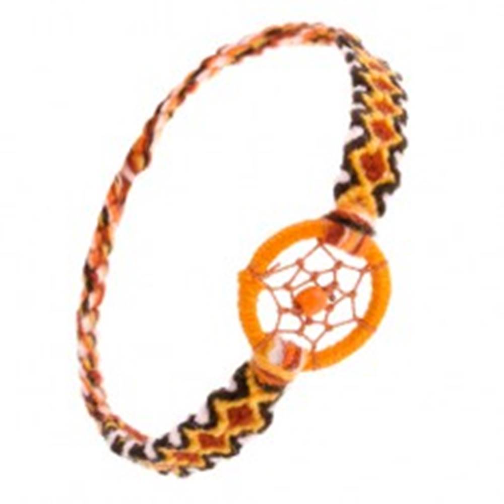 Šperky eshop Oranžový náramok z vlny, kosoštvorcový vzor, krúžok s guličkou