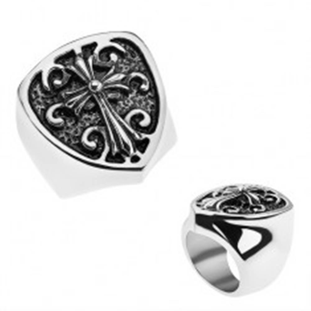 Šperky eshop Patinovaný prsteň z ocele 316L, erb s ľaliovým krížom, ornamenty - Veľkosť: 56 mm