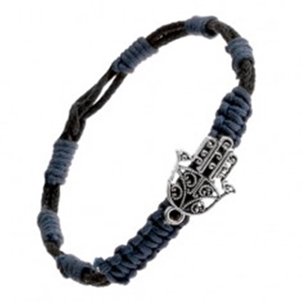 Šperky eshop Pletený náramok - modročierne motúziky, prívesok vyrezávaná budhistická ruka