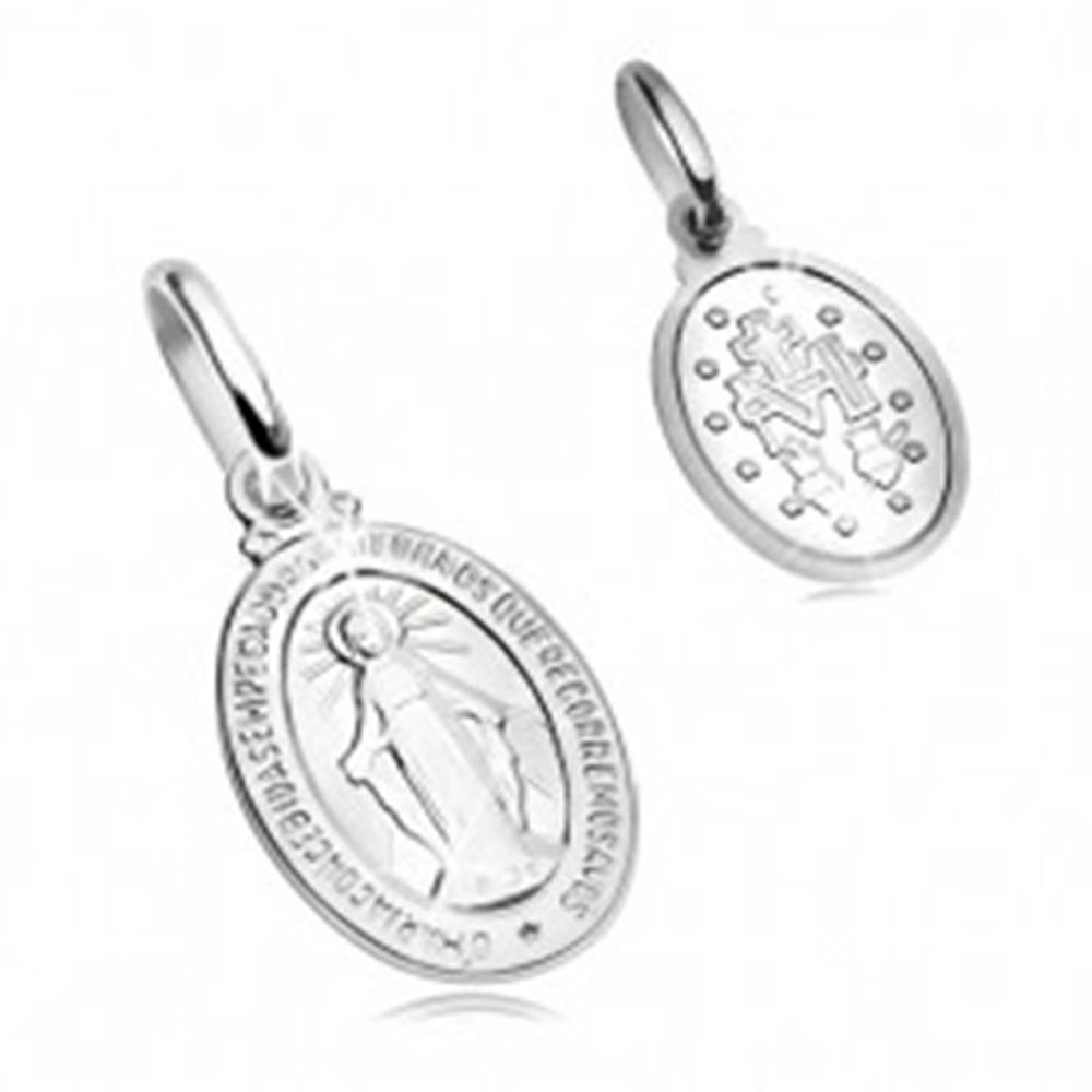 Šperky eshop Prívesok z bieleho 14K zlata - oválna známka so symbolmi Panny Márie