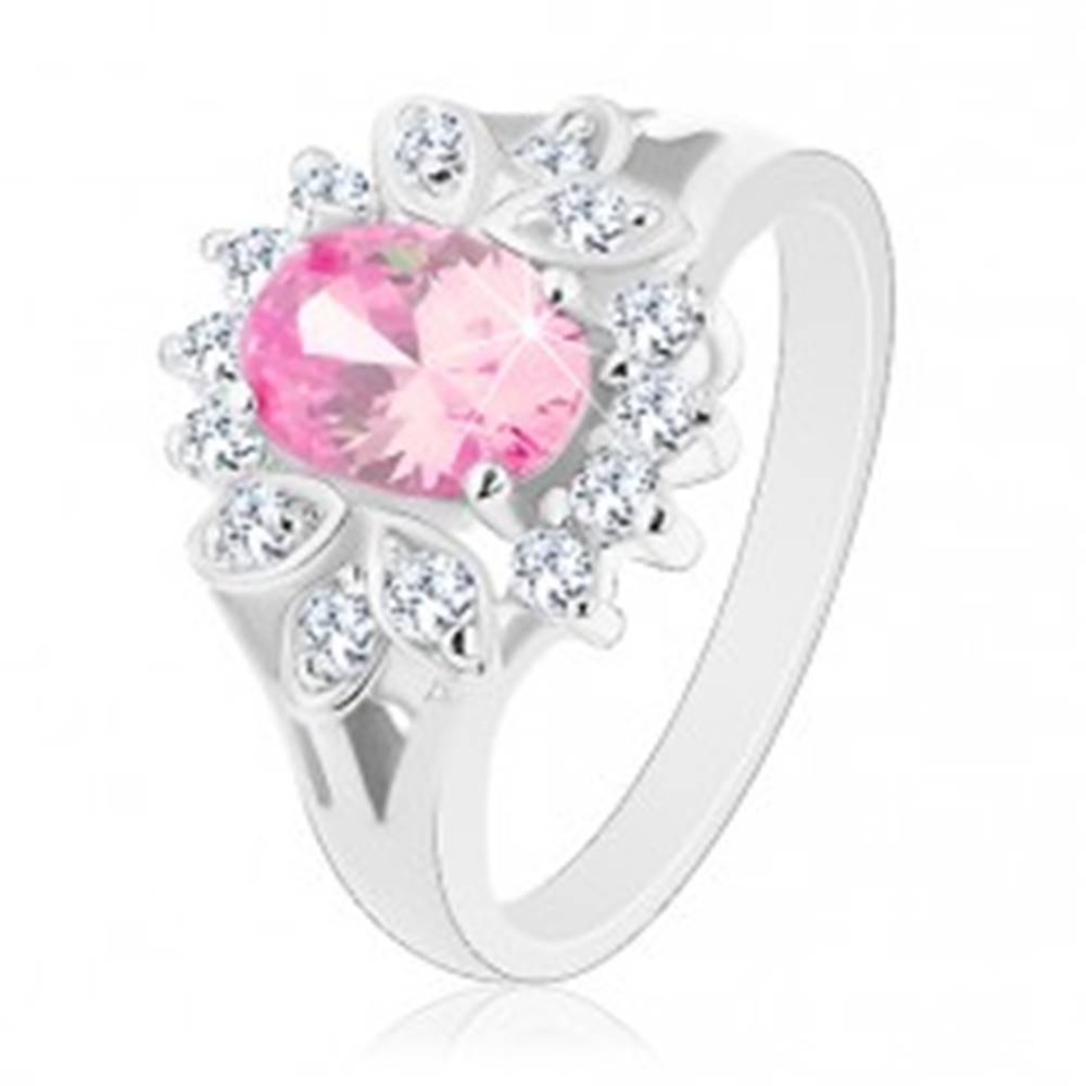 Šperky eshop Prsteň striebornej farby, ružový zirkónový ovál, číry lem, lístočky - Veľkosť: 52 mm