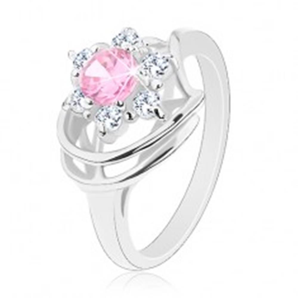 Šperky eshop Prsteň v striebornej farbe, ružovo-číry zirkónový kvet, lesklé oblúky - Veľkosť: 49 mm