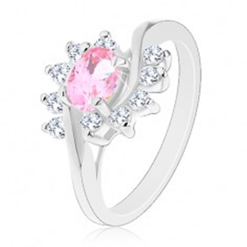 Šperky eshop Prsteň v striebornom odtieni, ružový zirkónový ovál, číre oblúky - Veľkosť: 51 mm