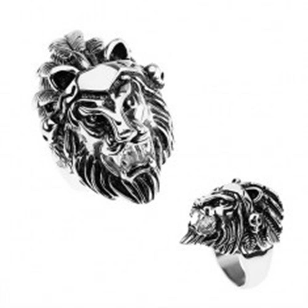 Šperky eshop Prsteň z ocele 316L, strieborná farba, hlava leva, čelenka s pierkami, lebky - Veľkosť: 56 mm