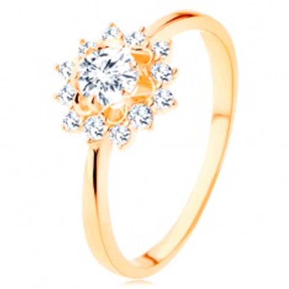 Šperky eshop Prsteň zo žltého 14K zlata - číre zirkónové slnko, lesklé úzke ramená - Veľkosť: 49 mm