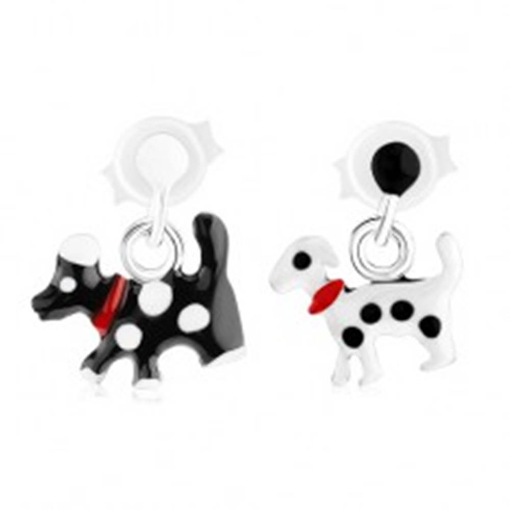 Šperky eshop Puzetové strieborné náušnice 925, visiaci psík s bodkami a obojkom - Farba: Biela