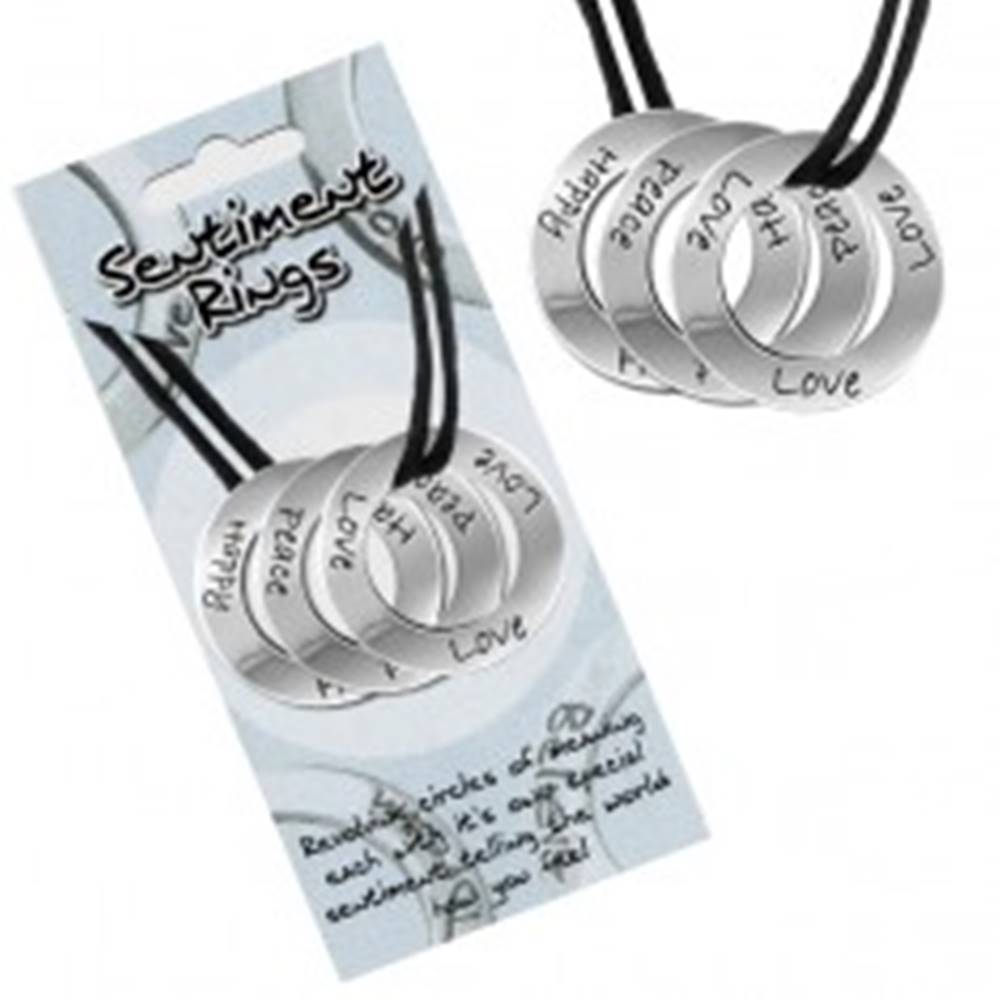 Šperky eshop Šnúrka na krk čiernej farby s tromi obrúčkami "Love, Peace, Happy"