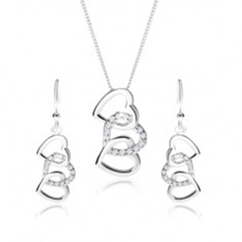 Šperky eshop Strieborný set 925, náušnice a náhrdelník - siluety troch prepojených sŕdc, číre zirkóny
