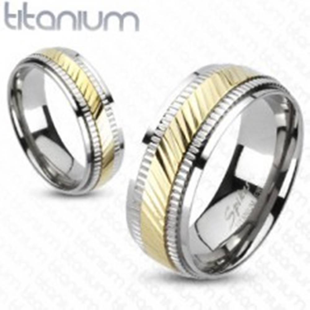 Šperky eshop Titánový prsteň - dvojfarebný, vrúbkovaný - Veľkosť: 49 mm