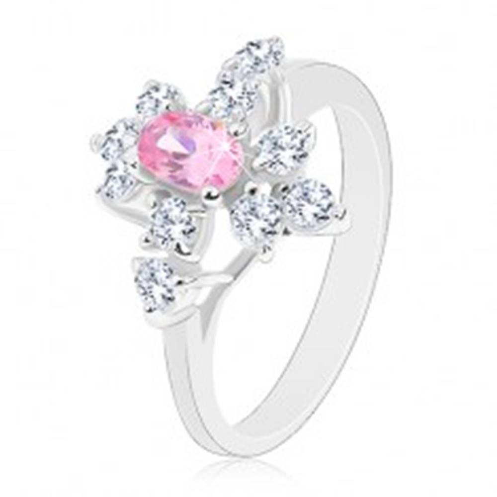 Šperky eshop Trblietavý prsteň v striebornej farbe, ružový ovál, číre zirkóniky - Veľkosť: 49 mm