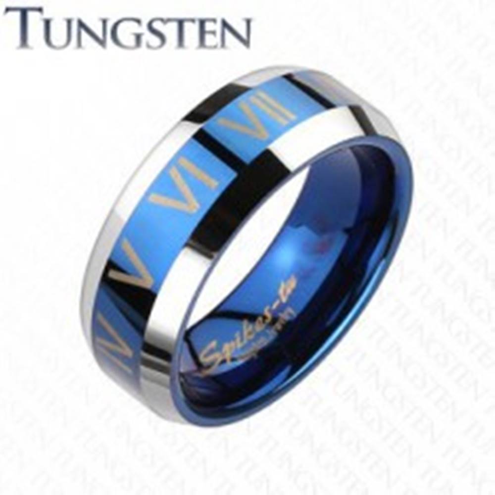 Šperky eshop Tungstenový prsteň - modro striebornej farby, rímske čísla - Veľkosť: 49 mm