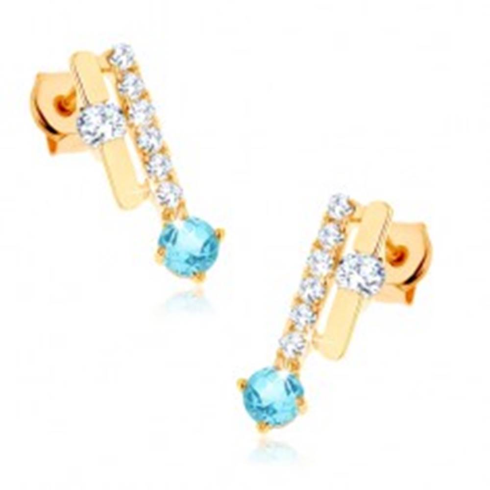 Šperky eshop Zlaté náušnice 375 - dva pásiky, ligotavý modrý topás, číre zirkóny