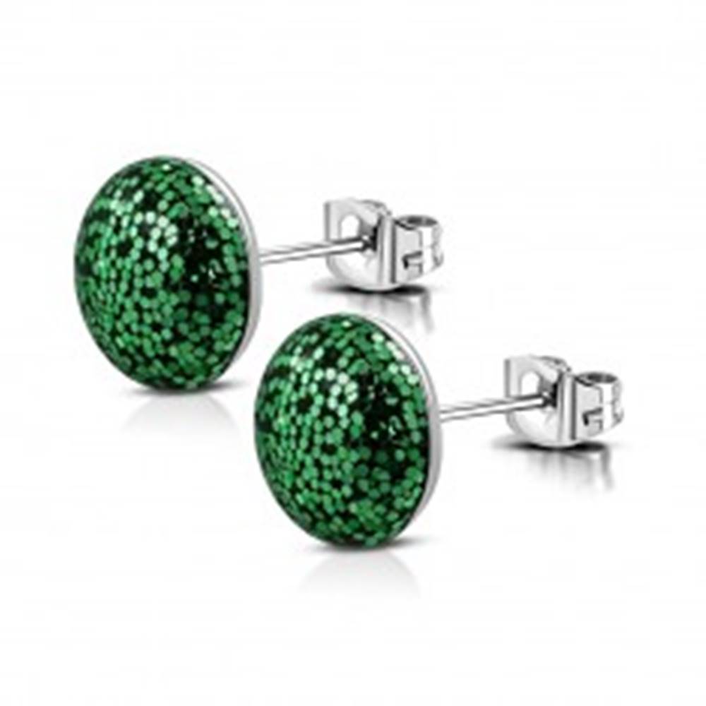 Šperky eshop Náušnice z ocele - krúžok posiaty trblietkami zelenej farby, puzetové zapínanie