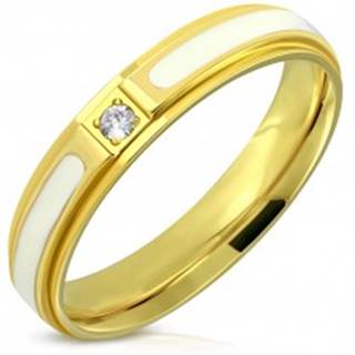 Oceľový prsteň - lesklý povrch zlatej farby, biela glazúra a zirkón, 4 mm - Veľkosť: 47 mm