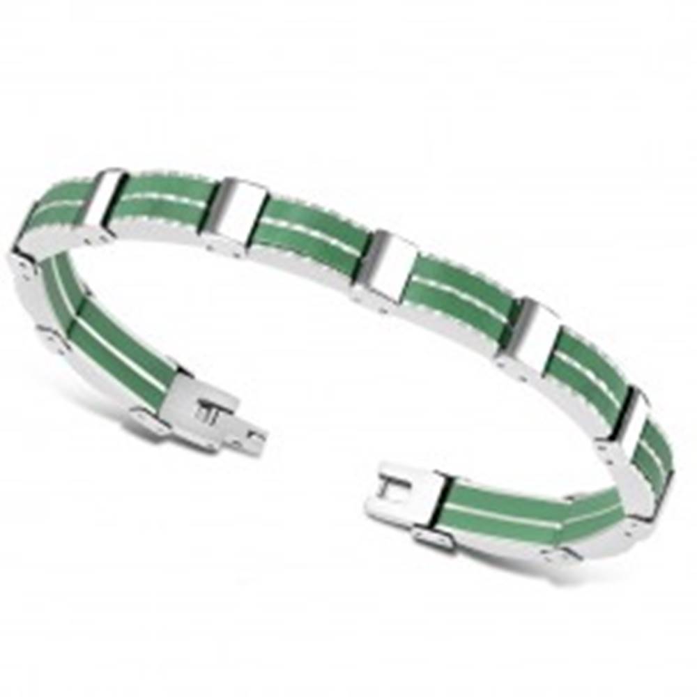 Šperky eshop Dvojfarebný oceľový náramok - viacdielne články, gumené pásiky zelenej farby