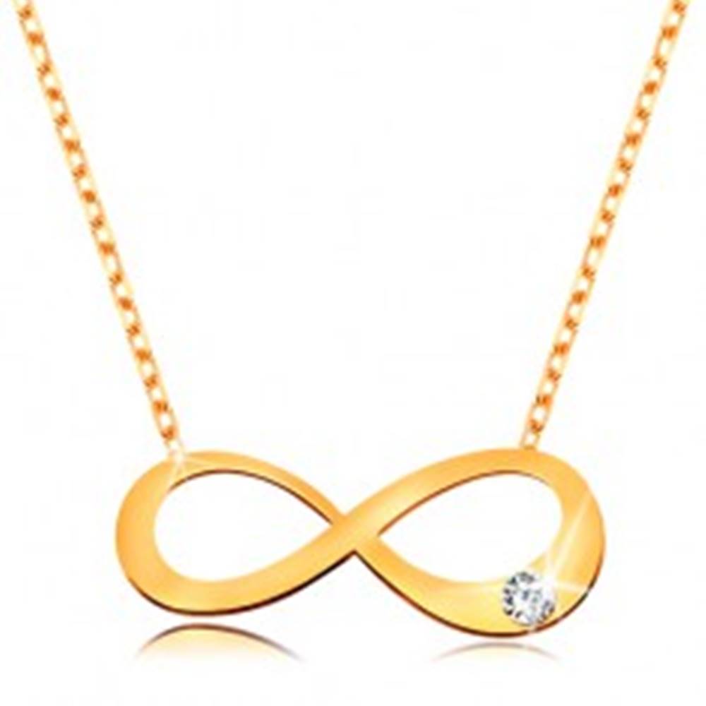 Šperky eshop Zlatý 14K náhrdelník - plochý symbol nekonečna s čírym briliantom, ligotavá retiazka
