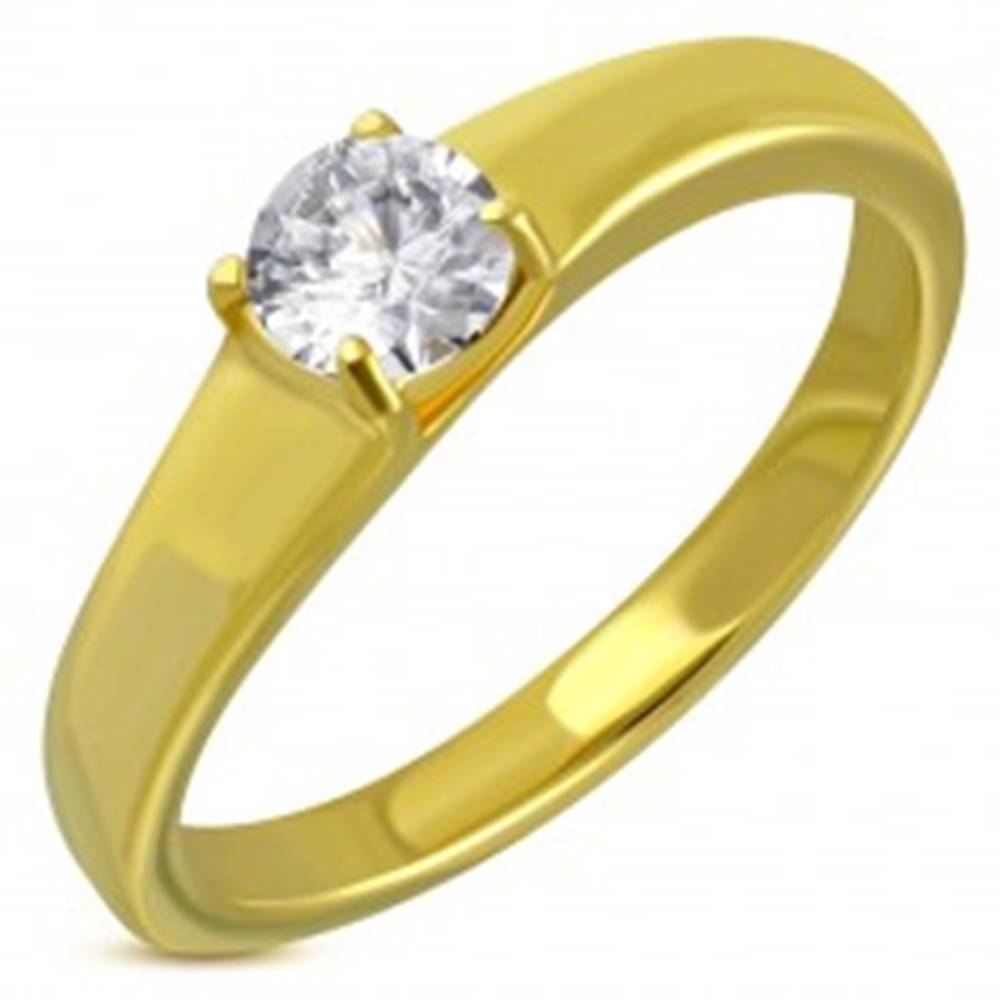 Šperky eshop Oceľový prsteň zlatej farby, vystúpený okrúhly číry zirkón - Veľkosť: 49 mm