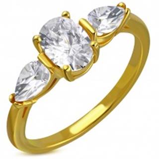 Prsteň z ocele v zlatom odtieni - číry trblietavý zirkón, zirkónové slzičky - Veľkosť: 49 mm