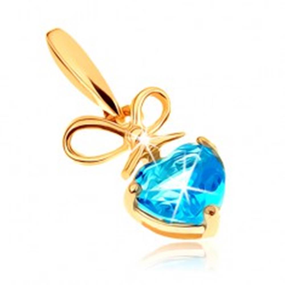 Šperky eshop Zlatý prívesok 375 - mašlička a srdiečkový topás v modrom odtieni