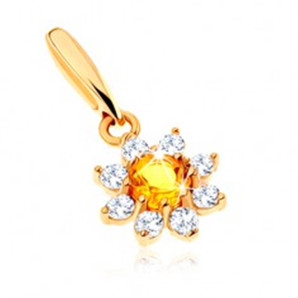 Šperky eshop Zlatý prívesok 375 - rozkvitnutý kvet so žltým citrínom, číre zirkónové lupene