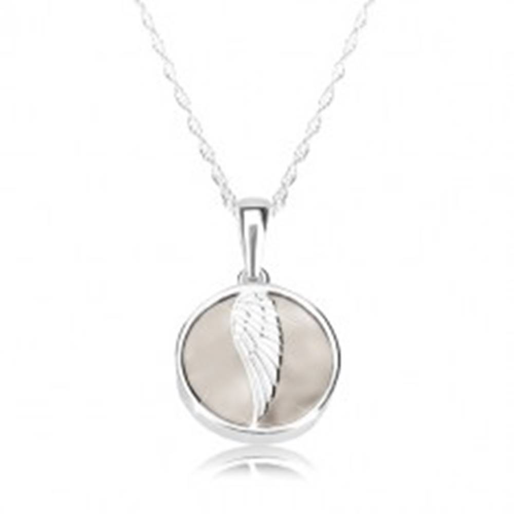 Šperky eshop Strieborný náhrdelník 925 - anjelské krídlo, lesklý kruh, mramorová glazúra krémovej farby