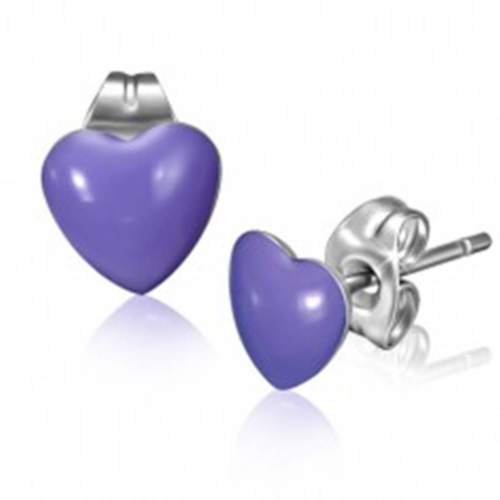 Šperky eshop Oceľové náušnice s fialovými srdiečkami a puzetkami