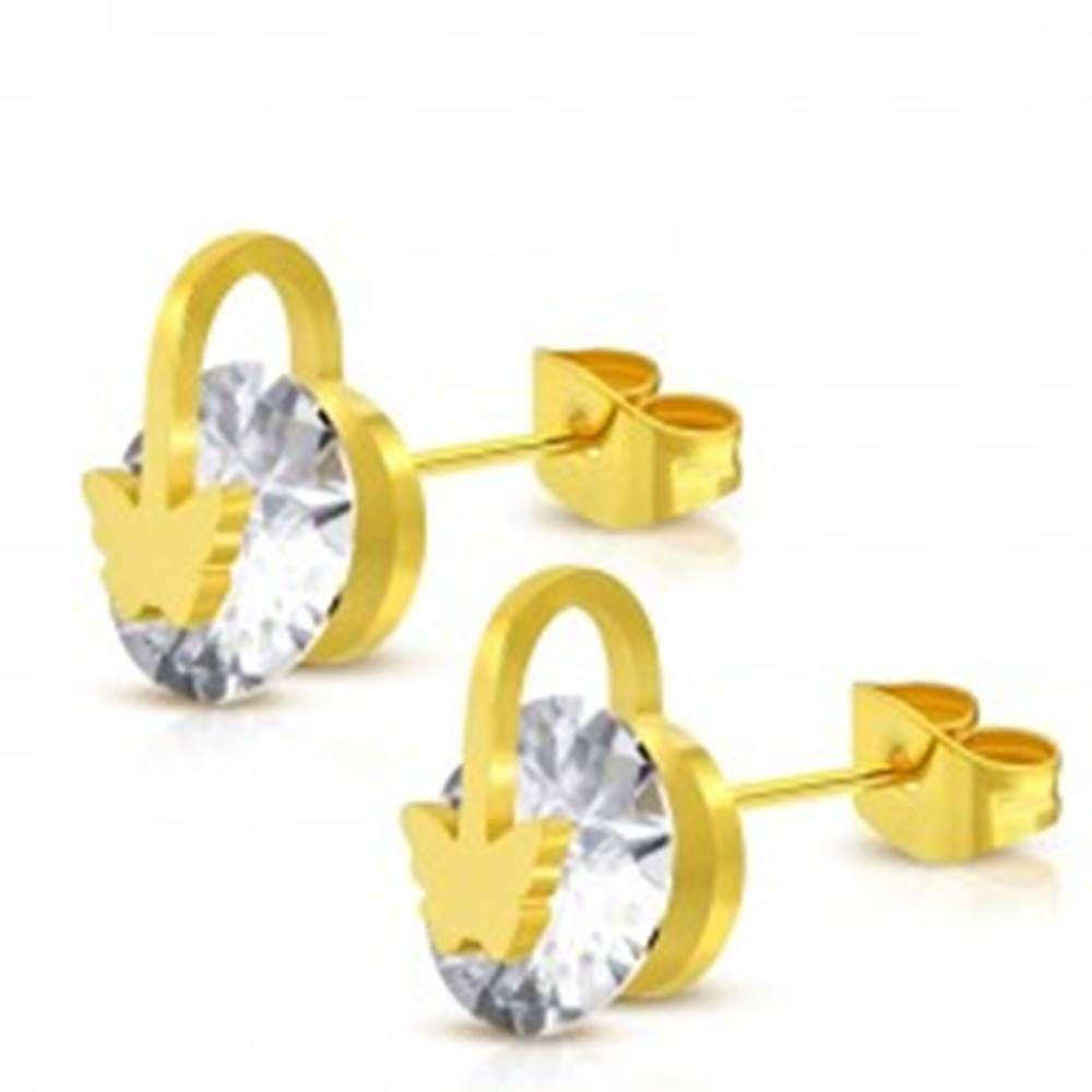 Šperky eshop Oceľové náušnice zlatej farby - ligotavý okrúhly zirkón, motýlik a krúžok