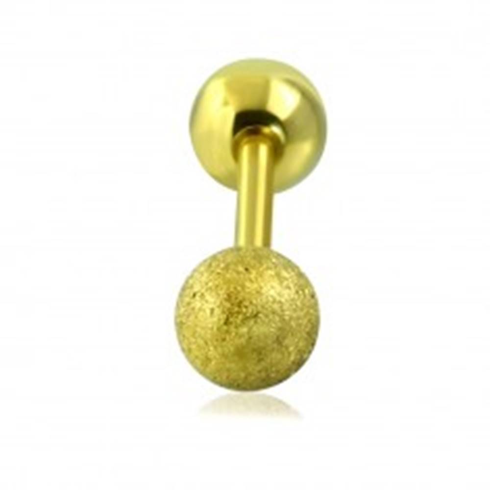 Šperky eshop Piercing do tragusu z ocele - hladká a pieskovaná guľôčka zlatej farby, 16 mm