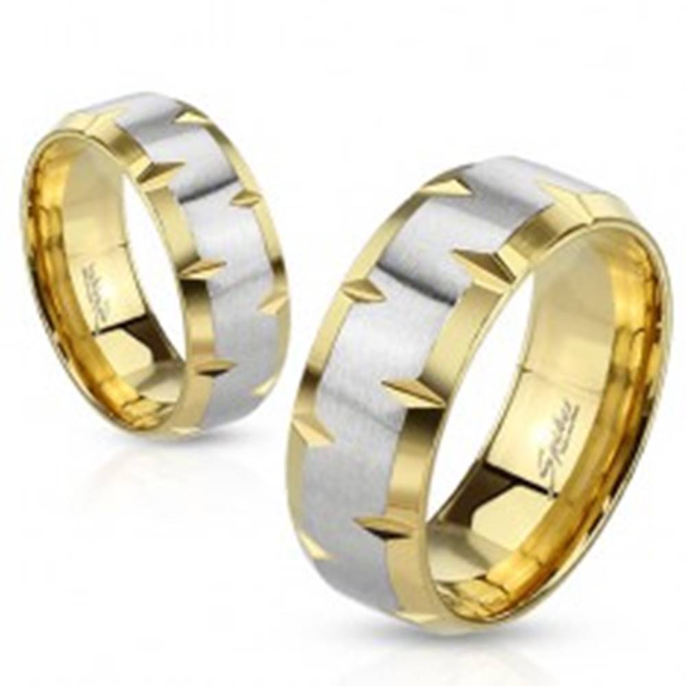 Šperky eshop Obrúčka z ocele 316L, zlatý a strieborný odtieň, zárezy na okrajoch, 6 mm - Veľkosť: 49 mm