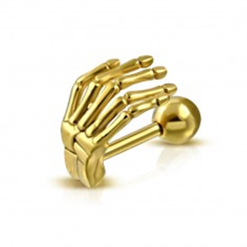 Šperky eshop Oceľový piercing do ucha alebo obočia - kostra ruky v lesklom zlatom odtieni