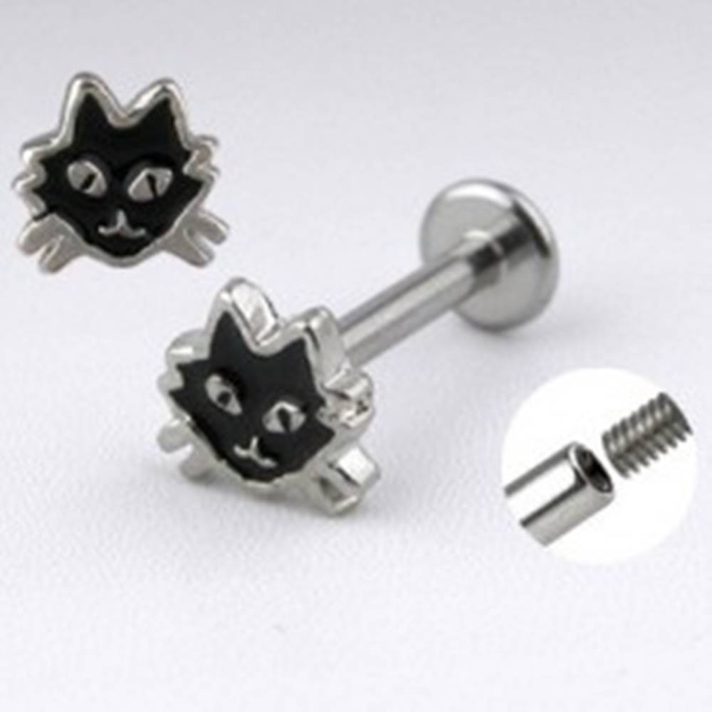Šperky eshop Oceľový labret striebornej farby - mačka s čiernou glazúrou