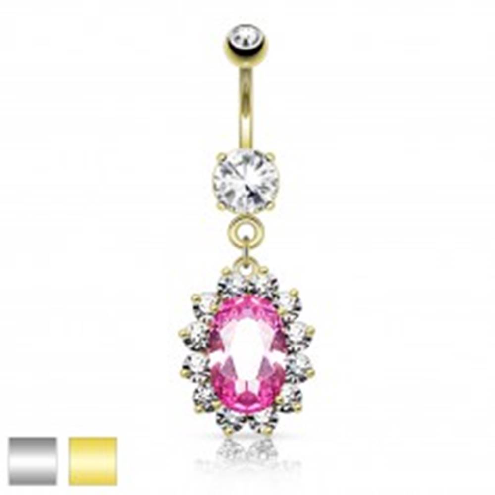 Šperky eshop Oceľový piercing do pupka, ružový zirkónový ovál, číry ligotavý lem - Farba piercing: Strieborná