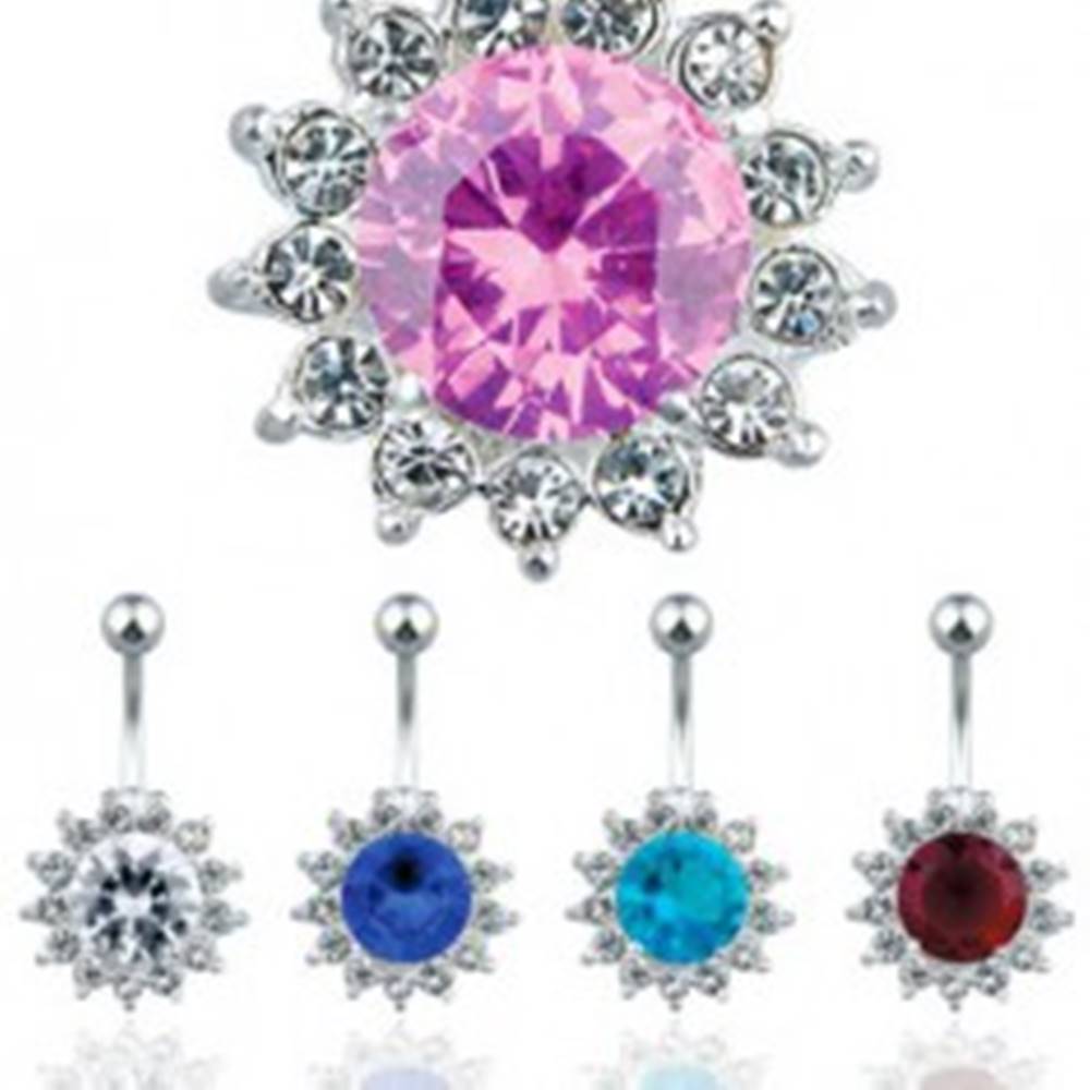 Šperky eshop Oceľový piercing do pupku, farebný zirkónový kvet - Farba zirkónu: Aqua modrá - Q