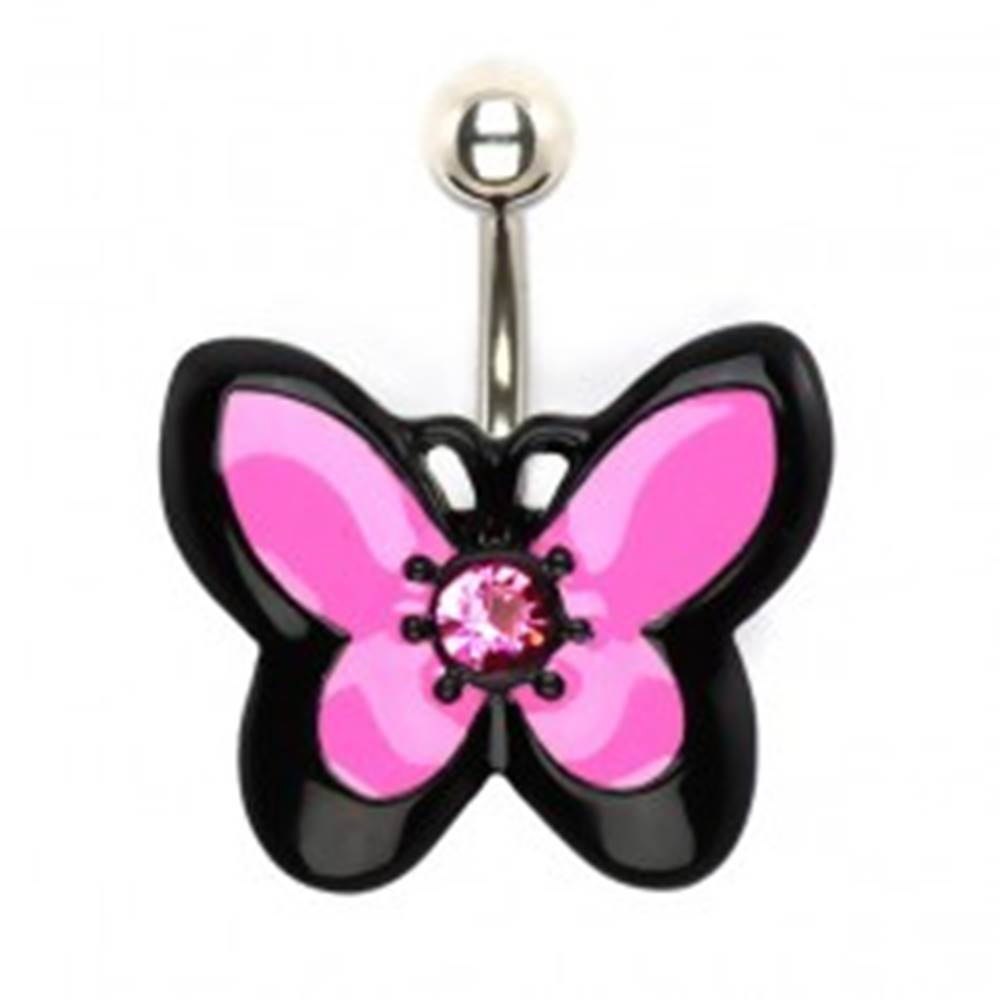 Šperky eshop Piercing do bruška z ocele, ružovo-čierny motýľ so zirkónom