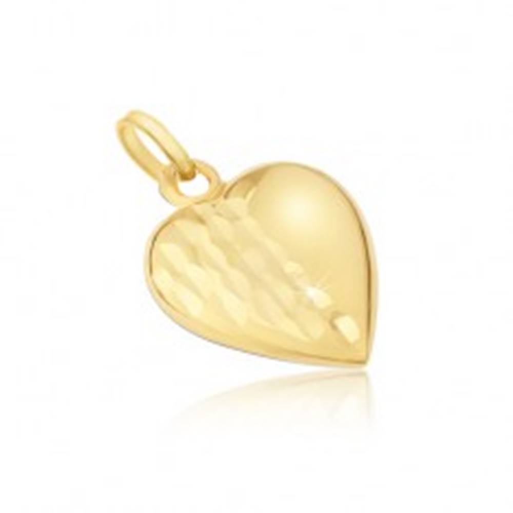 Šperky eshop Prívesok zo žltého 14K zlata - pravidelné trojrozmerné srdce, ozdobné ryhy