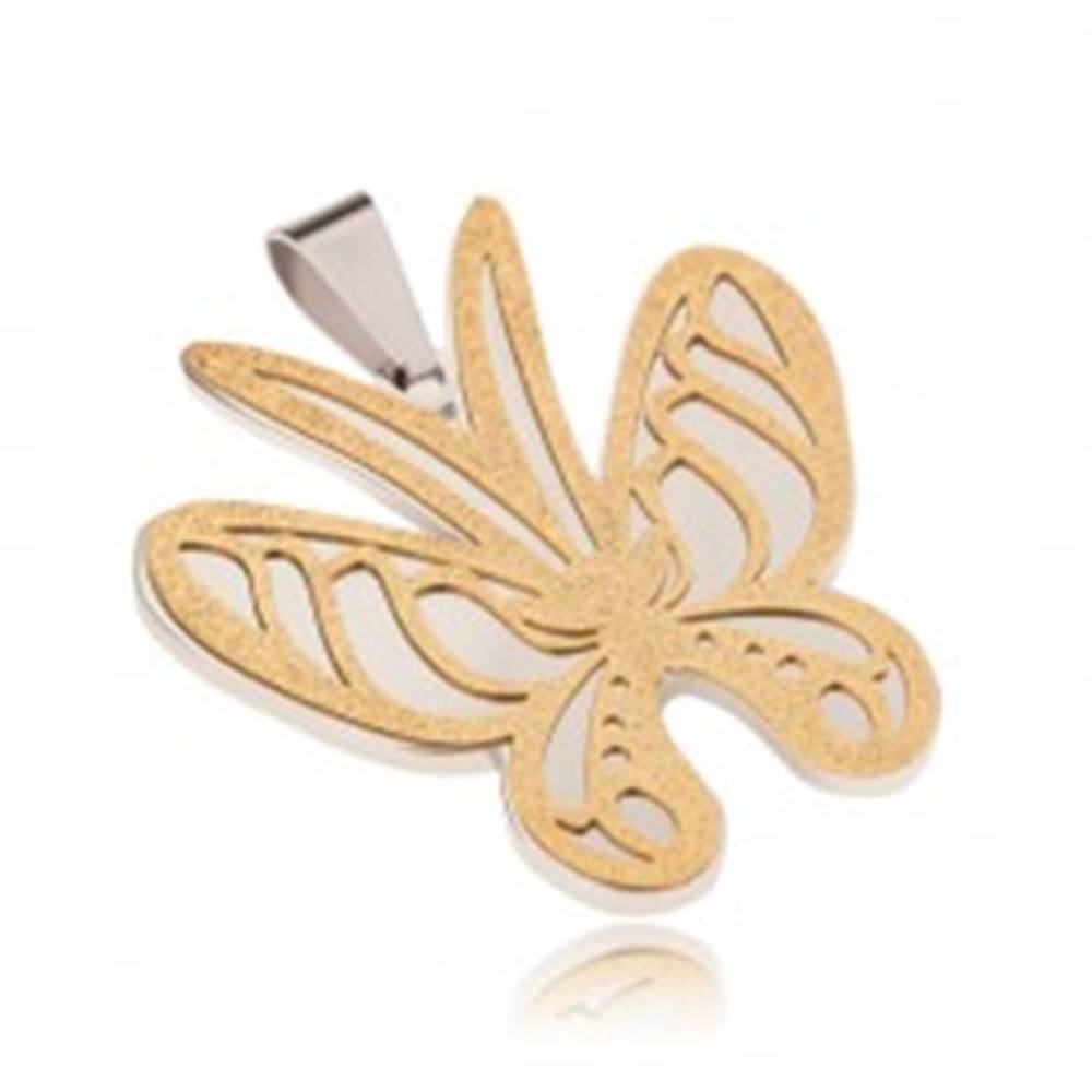 Šperky eshop Prívesok zlato-striebornej farby z ocele, motýľ s pieskovaným povrchom