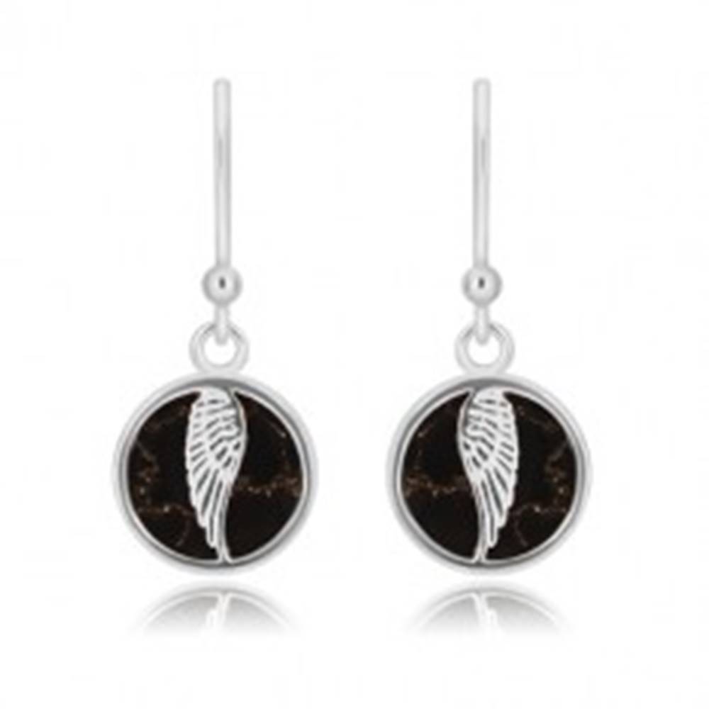 Šperky eshop Strieborné 925 náušnice - kruh s anjelským krídlom, čierna glazúra s mramorovým vzorom