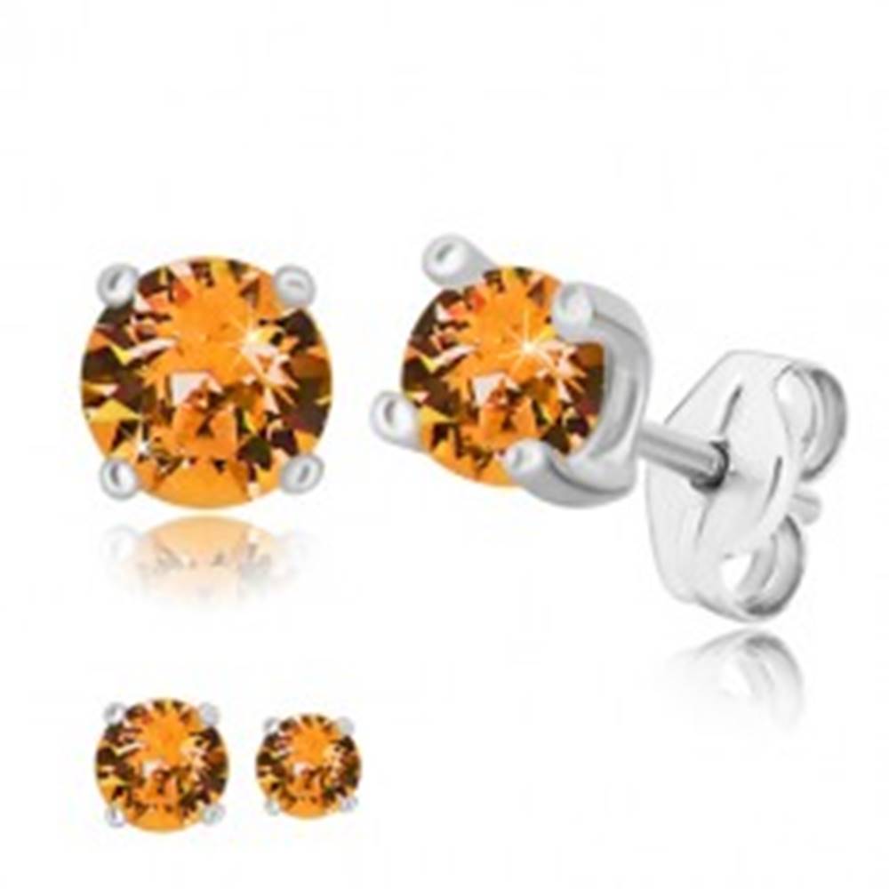 Šperky eshop Strieborné 925 náušnice - okrúhly zirkón v medovo oranžovom odtieni, štvorcový kotlík - Veľkosť zirkónu: 4 mm