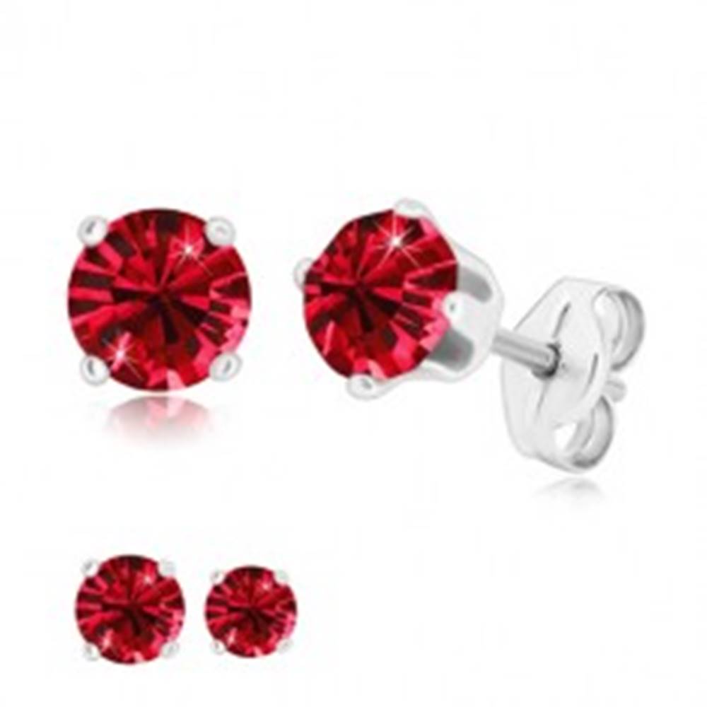 Šperky eshop Strieborné náušnice 925 - žiarivý okrúhly zirkón v kotlíku, rubínovo červený odtieň - Veľkosť zirkónu: 4 mm