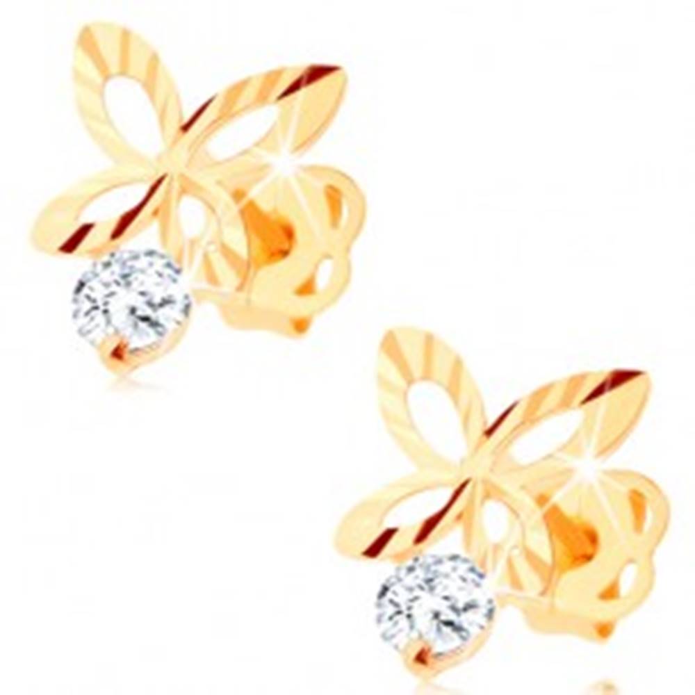 Šperky eshop Zlaté náušnice 585 - ligotavý motýlik s ryhami a výrezmi na krídlach, zirkón