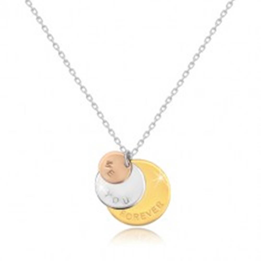 Šperky eshop Náhrdelník zo striebra 925 - trojfarebné krúžky "ME YOU FOREVER", ligotavá retiazka